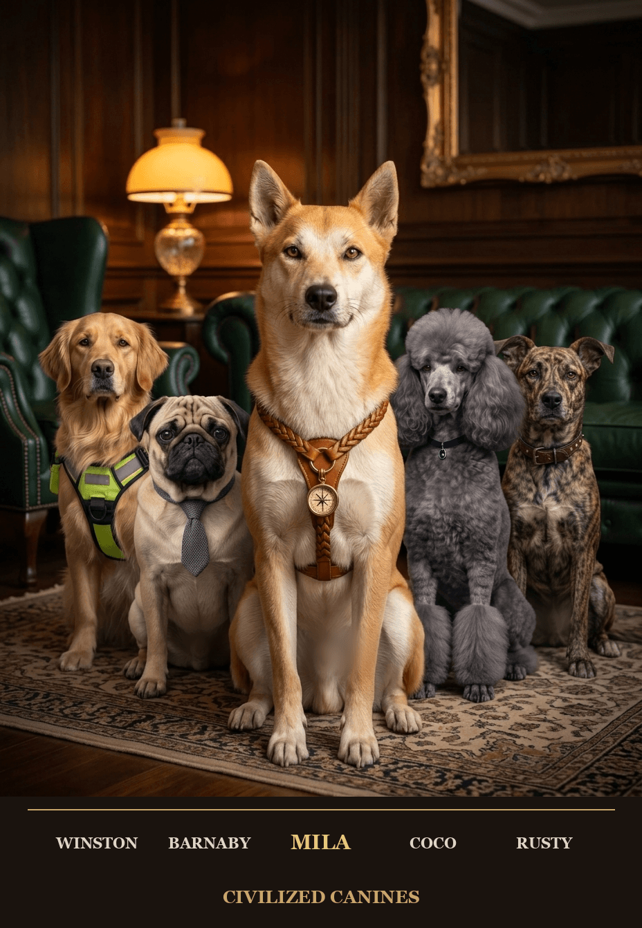 The five Civilized Canines dogs: Winston, Barnaby, Mila, Duchess Coco, and Rusty